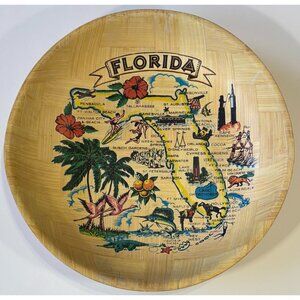 Vintage Florida State Map Bamboo Bowl Souvenir MCM Surf Beach Flamingo Disney